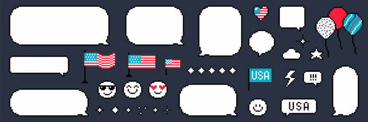 Pixel art. 4th of July text messages illustration set. USA Independence Day. American flag, balloon, pixel speech bubbles. Y2k trendy playful pixelated stickers. 8 bit retro style vector illustration
