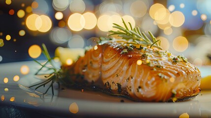 Wall Mural - Salmon steak on the plate, close up, bokeh