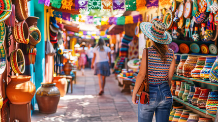 A tourist shopping for souvenirs in a vibrant Mexican market, with colorful pottery, handmade textiles, and lively music playing in the background