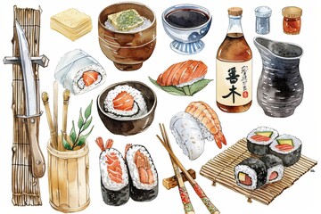 Wall Mural - Sushi Chef Essentials Sticker Set: A delightful collection of watercolor stickers showcasing sushi