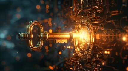 Wall Mural - key to knowledge, golden key unlocking door of knowledge against futuristic background, ideal for smart idea banner design