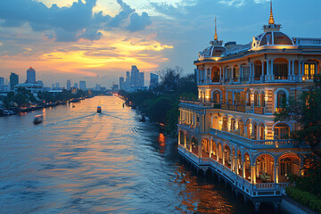 Wall Mural - A beautifully lit riverside building in Bangkok at sunset, with boats on the river and a city skyline in the background