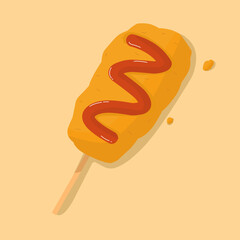 A set of corn dogs with ketchup. Vector illustration of the famous Korean corn dog street food poster element 