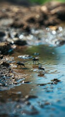 flies walking on the dirty water 