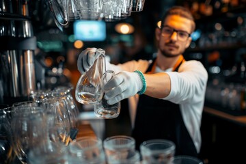 Wall Mural - Young bartender cleaning drinking glasses after working hours of a nightclub. Young barista stacking clean drinking glasses while cleaning bar counter after working hours in a pub.