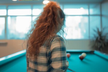 Wall Mural - Woman playing snooker at the office Woman playing snooker at the office