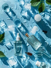 Wall Mural - Set of skin moisturizing cosmetics. Face lotion, cream, essential oil on blue background with ice cubes. Flat lay, top view. Water based beauty products. 