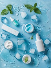 Wall Mural - Set of skin moisturizing cosmetics. Face lotion, cream, essential oil on blue background with ice cubes. Flat lay, top view. Water based beauty products. 