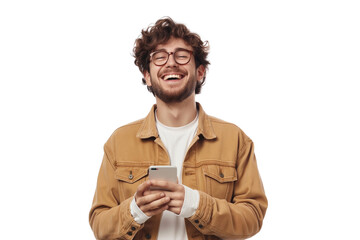 portrait of a happy man using mobile phone isolated over png transparent background