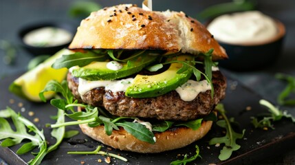 Poster - A gourmet hamburger with avocado slices, arugula, and a drizzle of aioli sauce on a ciabatta bun.