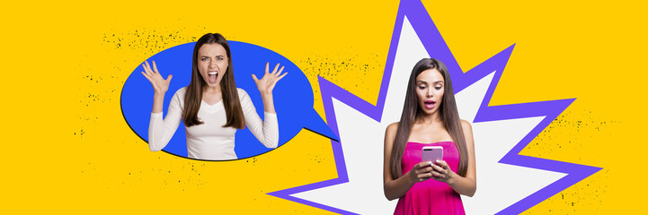 Wall Mural - Composite panoramic collage of amazed girl hold iphone device correspondence bubble angry friend quarrel isolated on painted background