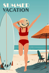 Wall Mural - Summer poster, advertising banner with a beautiful girl in bikini and hat running to the sea beach. Summer time, vacation digital print, cover template. Vector illustration.