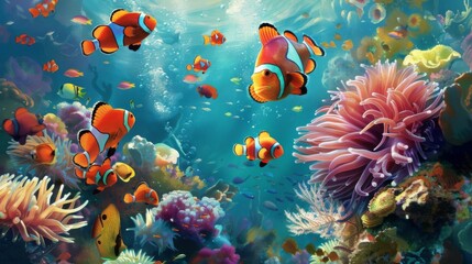 A group of colorful reef fish swimming around a magnificent sea anemone in a tropical coral reef.