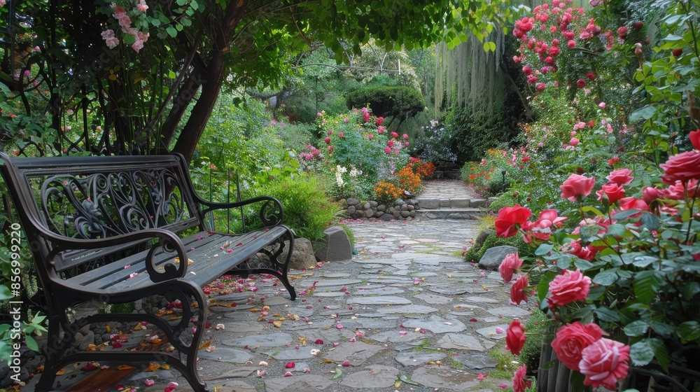 Stone Garden Roses Elegant English rose garden with stone pathways, a vintage wrought iron ...