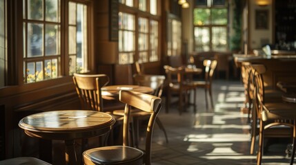 As evening falls outside, the empty cafe takes on a serene elegance, its empty chairs arranged like silent sentinels guarding the memories of gatherings gone by.