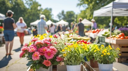 Wall Mural - Create a bustling farmers' market filled with fresh produce, flowers, and handmade crafts. Imagine the vibrant colors and the joyful chatter of vendors and customers enjoying the summer atmosphere.