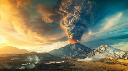 Create a dramatic image of a volcanic eruption. Picture the towering plume of ash and smoke rising from the crater, illustrating the raw power and beauty of nature's forces.