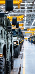 a row of military vehicles in a well-lit, modern factory setting, showcasing production and manufact