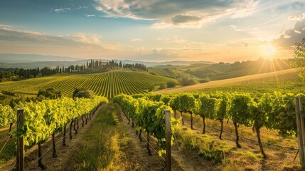 Wall Mural - Create a scene of a picturesque vineyard nestled in the rolling hills of wine country, with rows of grapevines stretching to the horizon and a warm Mediterranean sun nurturing the ripening fruit.