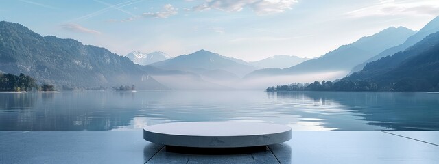 A beautiful mountain lake with a floating platform in the middle.