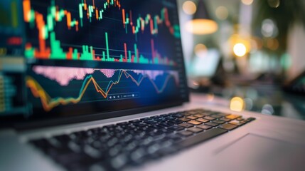 Aufkleber - A laptop showing candlestick charts and technical indicators used for stock market analysis.