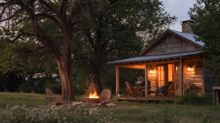Wall Mural - Create a serene image of a peaceful evening on a farmhouse porch. Picture a small fire pit, with the glow of the flames providing a cozy ambiance as the family relaxes and enjoys 