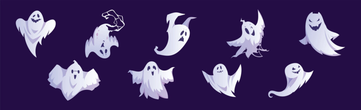 Spooky White Ghost or Spirit of Dead Flying on Blue Background Vector Set