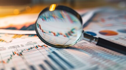 Poster - A magnifying glass analyzing stock market charts and financial data printed on paper.