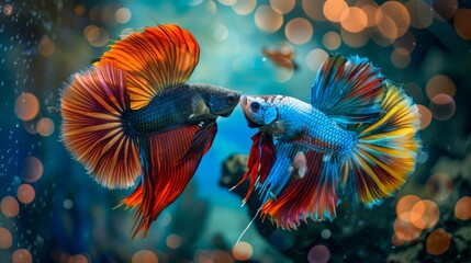 Wall Mural - A pair of Betta fish engaged in a territorial display, showing off their vibrant hues in an aquarium setting.
