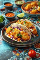 Wall Mural - Fish Tacos on a Colorful Plate