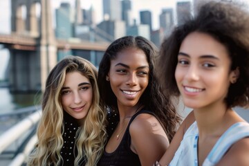 Friends portrait in the street with downtown skyline on the background. Group fo multi-ethnic young people posing looking at camera