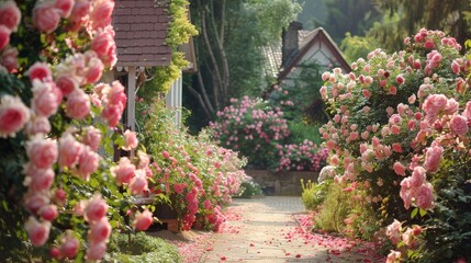 Poster - Imagine a peaceful cottage garden overflowing with the fragrant beauty of roses, their lush blooms and intoxicating scent creating a romantic and enchanting retreat.