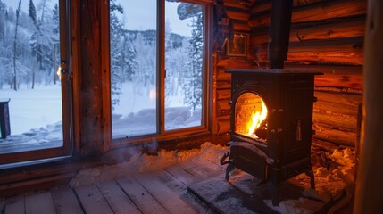 Wall Mural - Imagine a rustic cabin in the mountains with a wood-burning stove. Picture the flickering fire inside casting shadows on the walls, providing warmth and a sense of home in the snowy wilderness.