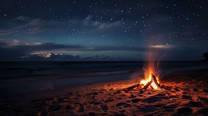 Wall Mural - Imagine a serene beach bonfire at night. Picture the smoke rising slowly into the starry sky, with the soft sound of the waves and the warmth of the fire creating a perfect evening setting.