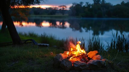 Wall Mural - Imagine a serene evening by a lakeside campfire. Picture the fire reflecting on the still water, creating a perfect mirror image, as you sit by the fire, listening to the gentle sounds of nature.