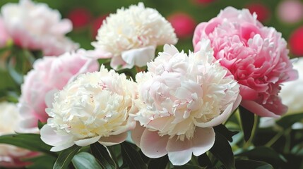 Canvas Print - Imagine a serene garden filled with the delicate beauty of peonies, their lush and fragrant blooms in shades of pink, white, and red, creating a stunning and romantic display.