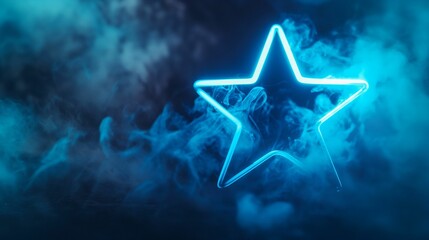 Wall Mural - Blue neon star with smoke on dark background.