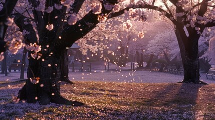 Wall Mural - Imagine a serene garden filled with blooming cherry blossoms, their delicate petals drifting gently on the breeze and filling the air with their sweet fragrance.