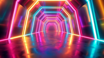 Wall Mural - Neon-lit futuristic hallway with hexagonal shapes and reflections