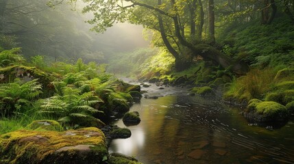 Wall Mural - Imagine a tranquil forest glen bathed in the soft light of dawn, with dew-kissed ferns and moss-covered stones adding to the sense of magic and tranquility in the woodland.