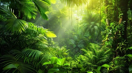 Poster - Imagine a vibrant rainforest teeming with life. Picture the diverse array of trees, their lush foliage creating a dense, green canopy, with exotic birds and animals making their home among 