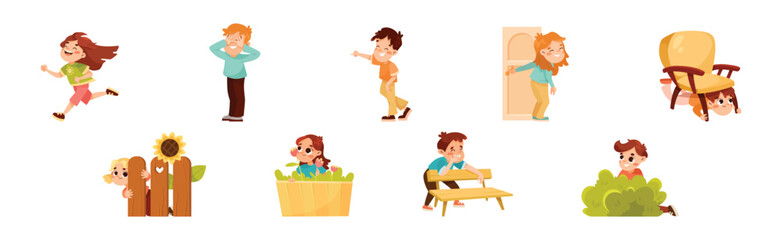 Wall Mural - Kids Playing Hide and Seek Game Have Fun Vector Set