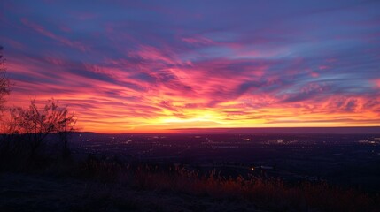 Poster - Picture a breathtaking sunset painting the sky with hues of orange, pink, and purple, casting a warm and ethereal glow over the landscape as day transitions into night.