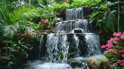 Sticker - Picture a cascading waterfall surrounded by lush greenery and adorned with trailing vines and blooming orchids, creating a stunning and picturesque natural oasis.