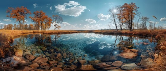 Wall Mural - serene autumnal panorama of a lake reflecting the clear blue sky surrounded by trees shedding their golden leaves