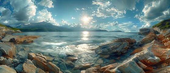 Wall Mural - panoramic seascape with sun’s rays dancing over the ocean beside a rocky shore under a dynamic sky with drifting clouds