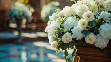 Funeral white wooden handmade coffin church cathedral service floral decoration white flowers bouquets copy space banner sunny weather. Rest In Peace