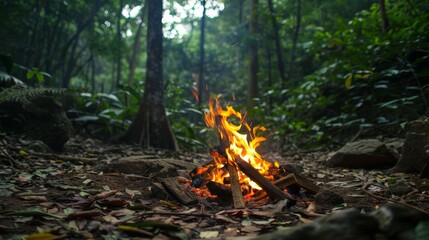 Poster - Picture an adventurous trek through a dense forest. Imagine setting up a campfire for warmth and cooking, with the firelight providing a sense of security in the vast, dark wilderness.