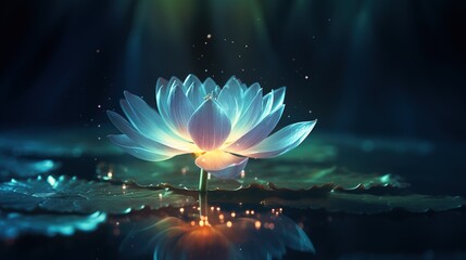 Wall Mural - Magic glowing Lotus flower on cold blue green water background with lotus leaf and large copy space for text 