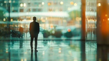 Sticker - Through the blurred glass walls of the office, the businessman's silhouette stands tall, a symbol of resilience and determination in the face of uncertainty.